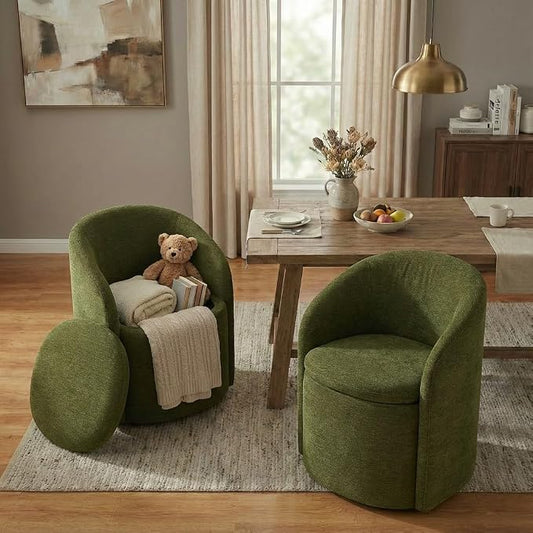 KISLOT Upholstered Dining Chairs with Casters, No Assembly Rolling Modern Dining Room Chairs with Hidden Storage & Barrel Backrest, Accent Chair for Bedroom, Living Room, Dressing, Green, Set of 2