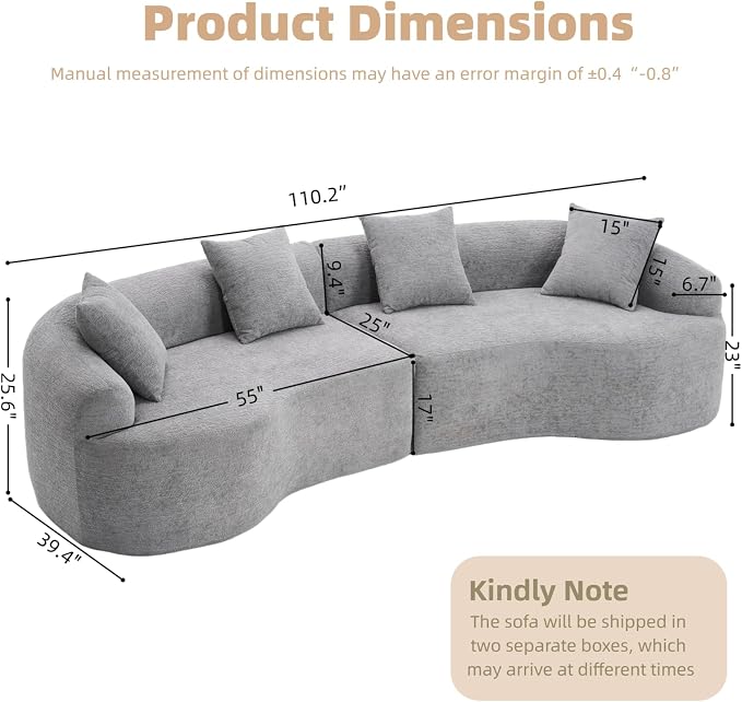 110.2" Curved Sectional Sofa,Luxury Wood Grain Chenille Fabric, Oversized Sectional Sofa,Compression Curved Couch for Living Room,No Assembly Needed (Grey, 110.2 Inch)