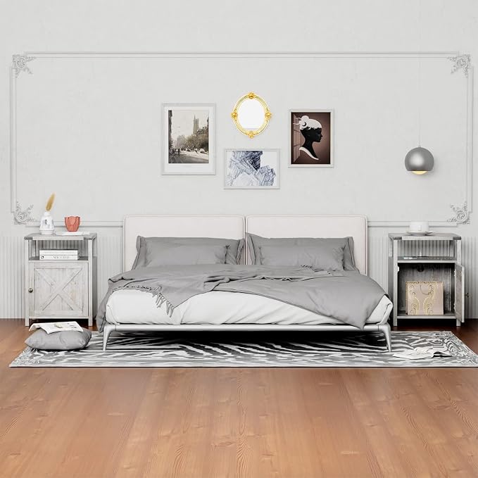 Farmhouse Nightstand Set of 2 with Charging Station, Rustic End Table Bedroom with Storage Living Room Side Table Grayish White Night Stand Industrial Bedside Table