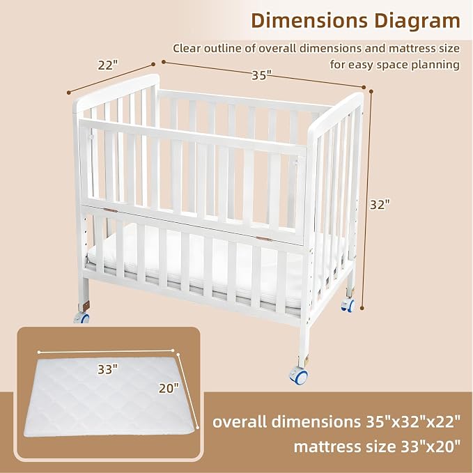 Flwrgirl Convertible Mini Baby Crib - Portable Bedside Bassinet with Mattress Included,3 Heights Baby Crib with Wheels for Small Room and Newborns 0-12 Months,White