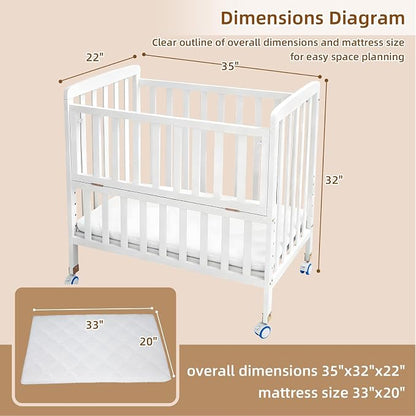 Flwrgirl Convertible Mini Baby Crib - Portable Bedside Bassinet with Mattress Included,3 Heights Baby Crib with Wheels for Small Room and Newborns 0-12 Months,White