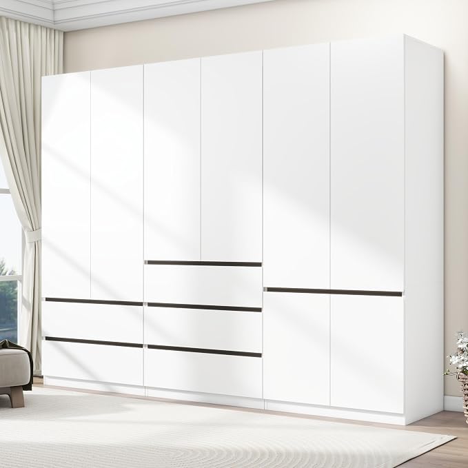 Armoire Wardrobe Closet with Drawers：75" Large White Wardrobe Closet Cabinet with 6 Doors for Hanging Clothes, Modern Wooden Bedroom Armoires with 5 Drawers and Storage (A+B+C, 94.5")