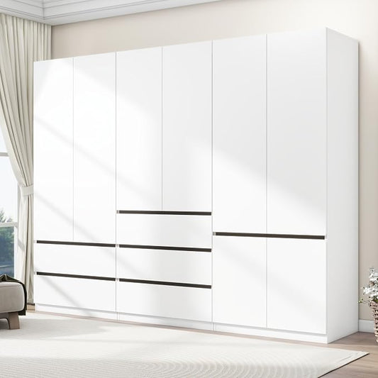 Armoire Wardrobe Closet with Drawers：75" Large White Wardrobe Closet Cabinet with 6 Doors for Hanging Clothes, Modern Wooden Bedroom Armoires with 5 Drawers and Storage (A+B+C, 94.5")