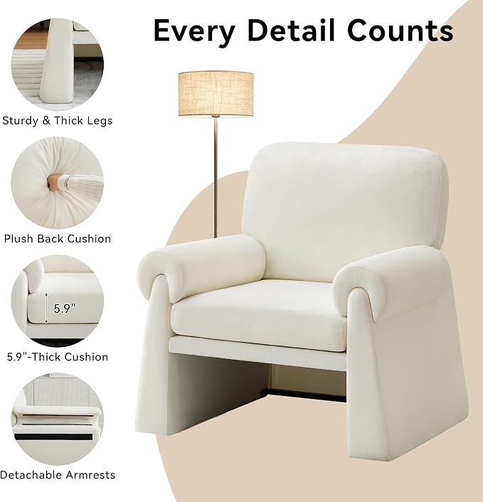 Accent Chairs Set of 2, Modern Living Room Chairs, Comfy Single Sofa Chair with Thick Cushion and Armrests, Upholstered Reading Club Chair, Arm Chair for Living Room Bedroom, Beige