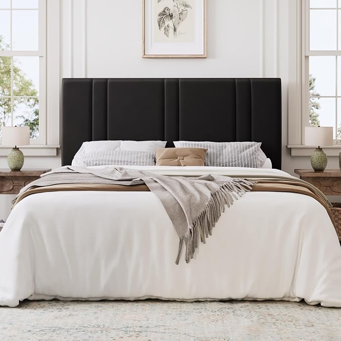 SHA CERLIN Queen Size Platform Bed Frame, Velvet Upholstered Bed with Adjustable Headboard, Vertical Channel Tufted Design, Sturdy Wood Slat Support, No Box Spring Needed, Easy Assembly, Black