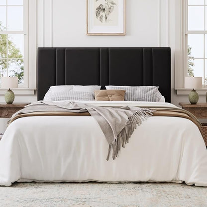 SHA CERLIN Queen Size Platform Bed Frame, Velvet Upholstered Bed with Adjustable Headboard, Vertical Channel Tufted Design, Sturdy Wood Slat Support, No Box Spring Needed, Easy Assembly, Black