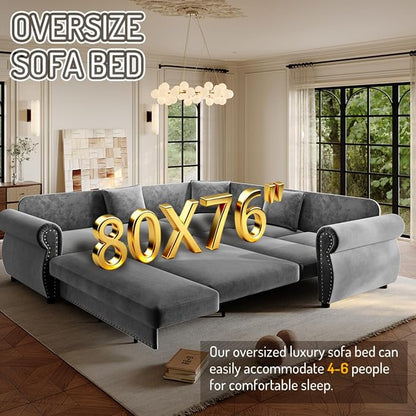 88.2" Sectional Sleeper Sofa with Pull Out Bed - Oversize L-Shaped Convertible Sleeper Couch Bed, Button Tufted Chesterfield Sofa, Chenille Vintage Couches for Living Room(4-Seater, Light Grey)