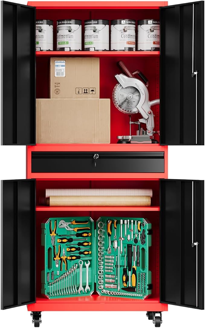 Fesbos 73" Metal Cabinet-Black & Red Heavy Duty Rolling Storage Cabinet Steel Tool Cabinets with Wheels, Shelves, Lockable Doors and Drawers- for Garage, Warehouse Home Office- Assembly Required