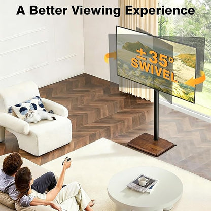 TVON Universal Floor TV Stand with Mount for Most 32-65 Inch TVs up to 88lbs, Height Adjustable TV Floor Stand with Wood Base for Space Saving (Rustic Brown, Wooden Base)