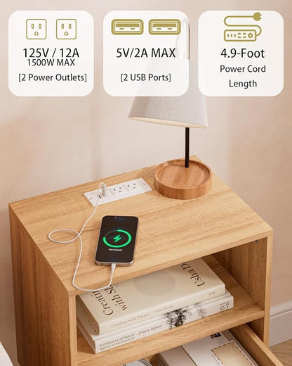 Aienvey Rattan Nightstand with Charging Station, Small Night Stand, Side Table with Drawer Open Shelf, Cane Accent Bedside End Table with Wood Legs, Modern Nightstand for Bedroom, Oak (Modern)