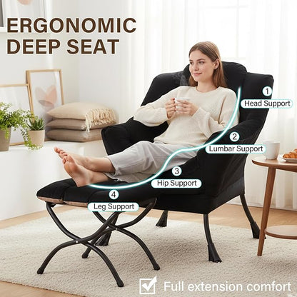 Welnow Lazy Chair with Ottoman, Modern Accent Chair with Armrests and a Side Pocket, Leisure Sofa Armchair, Reading Armchair with Footrest for Small Space, Black