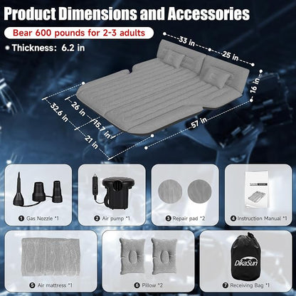 Inflatable SUV Air Mattress Bed Car Mattress, Double-Sided Flocking Travel Camping Bed, Car Sleeping Mattress for Universal SUV with Air Pump 2 Pillows
