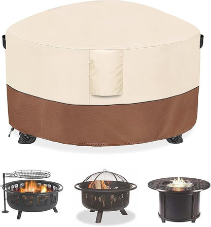 Fire Pit Cover,Outdoor Heavy Duty 600D 100% Waterproof Fire Pit Cover Round,Weatherproof Firepit Covers Round 44" Dia x 24" H,Beige & Brown