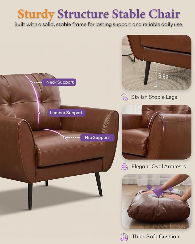 TYBOATLE Accent Chairs Set of 2, Comfy Modern Living Room Brown Leather Reading Accent Chairs Tufted Mid Century Arm Chair Small Salon Chair for Office Bedroom (2, Brown)