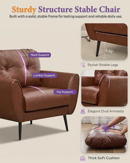 TYBOATLE Accent Chairs Set of 2, Comfy Modern Living Room Brown Leather Reading Accent Chairs Tufted Mid Century Arm Chair Small Salon Chair for Office Bedroom (2, Brown)