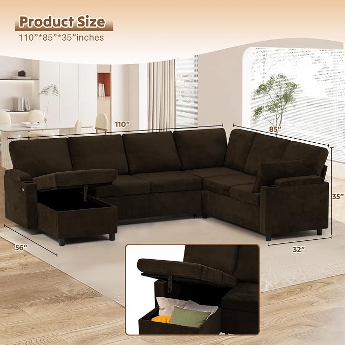 110" Chenille Sectional Sofa w/Pull Out Bed & Storage Chaise, Brown | Reversible U Shape Sofa w/Storage Armrests & Cup Holders, Corner Couch w/USB Charging Port & Throw Pillows for Living Room