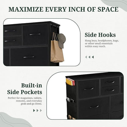 Dresser for Bedroom with Side Pockets and Hooks, 10 Drawers Storage Organizer Chest of Drawers, Sturdy Metal Frame for Living Room, Hallway, Closet, Black
