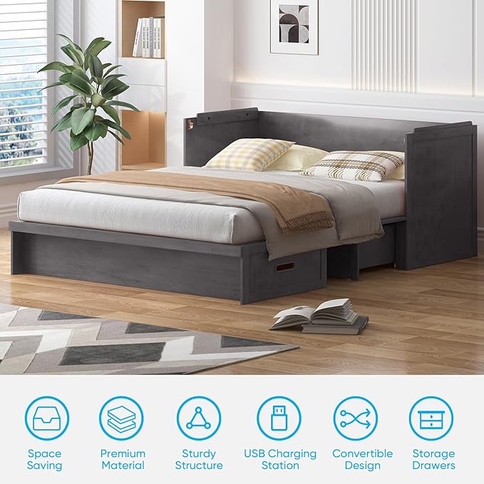 Mjkone Murphy Bed with Tri-Folding Mattress, Queen Hidden Cabinet Bed with Built-in USB Charging Station and 2 Storage Drawers, Foldable Wall Cabinet Beds for Living Room/Guest Room/Apartment, Gray