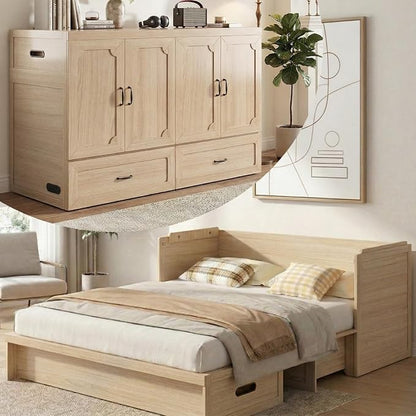 Mjkone Murphy Bed, Queen Hidden Cabinet Bed with Built-in USB Charging Station and 2 Storage Drawers, Murphy Wall Beds Cabinet Beds for Living Room, Guest Room, Apartment, Natural Wood (No Mattress)