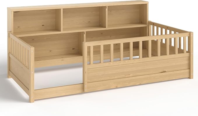 Bellemave Kids Montessori Floor Bed Twin Size,Floor Bed Frame with Bookcase and Fence for Kids Boys Girls,Natural