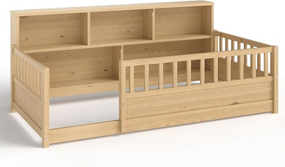 Bellemave Kids Montessori Floor Bed Twin Size,Floor Bed Frame with Bookcase and Fence for Kids Boys Girls,Natural