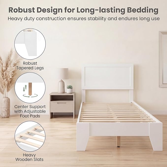 Giantex Twin Size Wooden Bed Frame with Headboard, Wood Slat Support | Modern Platform Bed with Heavy Duty Mattress Foundation, Under-Bed Storage, No Box Spring Needed, Easy Assembly (White)