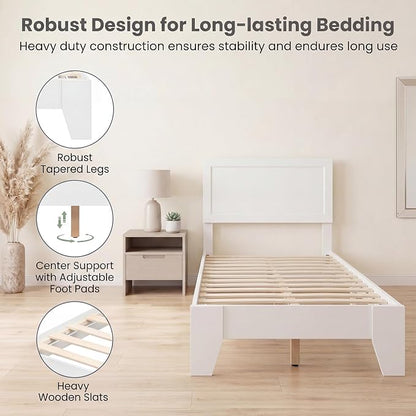 Giantex Twin Size Wooden Bed Frame with Headboard, Wood Slat Support | Modern Platform Bed with Heavy Duty Mattress Foundation, Under-Bed Storage, No Box Spring Needed, Easy Assembly (White)