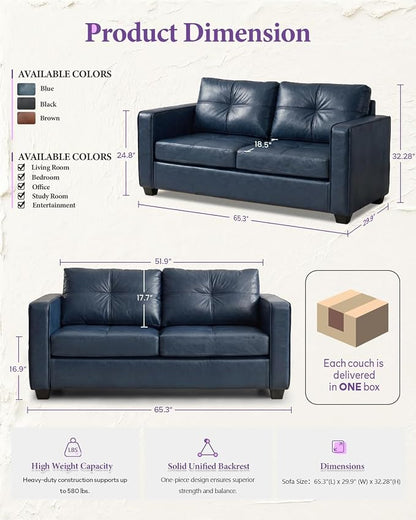 TYBOATLE 65" Faux Leather Loveseat for Bedroom, Mid-Century Modern Tufted Comfy Loveseat w/USB Charging Ports and Wide Arms, 2 Seat Office Small Couch, Blue