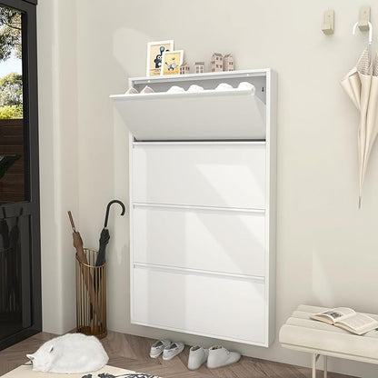 GREATMEET Shoe Rack for Closet, 6 Inch Slim Wall Mounted Shoe Cabinet, Narrow White Hidden Metal Shoe Storage with 4 Flip Drawers, Tall 57 Inch Steel Organizer Rack for Entryway Hallway Small Spaces