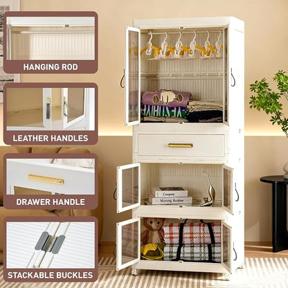 Pet Portable Wardrobe Closet with Doors, Pet Wardrobe Storage Cabinet with Hanging Rod Storage Organizer Large Plastic Storage Cabinet for Pet Clothes, Toys, Snacks, Plastic folding storage box units
