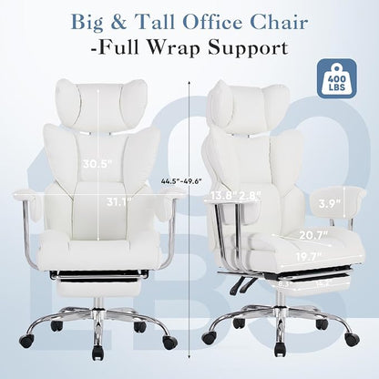 DUMOS Big and Tall Office Chair 400 LBS, Scratch-Resistant PU Leather Executive Office Desk Chair with Footrest, Ergonomic Reclining Computer Chairs with Pocket Spring Support, White