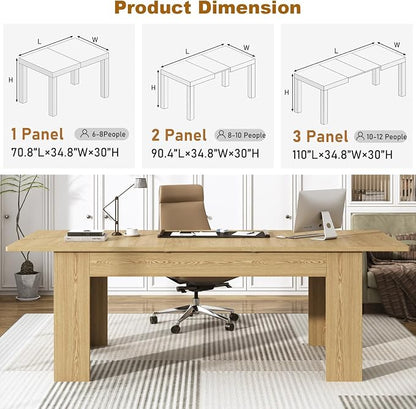70.8"-110" Extendable Dining Table for 6-10 Person, Wooden Dining Room Table, Modern Extendable Table for Gatherings, Meeting for Small Kitchens, Dining Office Areas(Natural)
