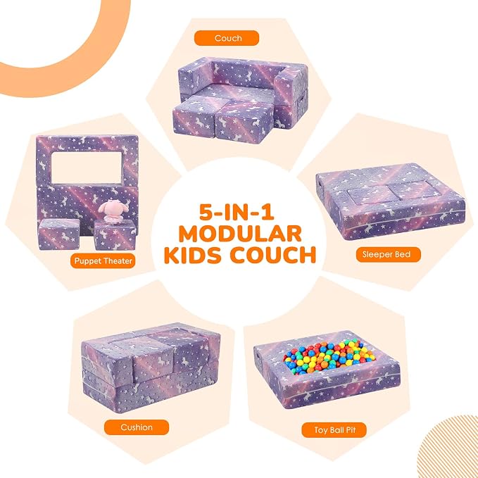 MeMoreCool Unicorn Modular Kids Couch, Glow Rainbow Play Toddler Couch for Bedroom, Convertible Foam Kids Sofa Bed, Fold Out Baby Sofa for Girl Boy, Purple