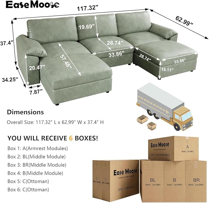 EASE MOOSE Deep Seat Sectional Couch, Scratch Resistant Faux Leather Material, 5-Seat Oversized Modular Sofa for Living Room,U Shaped Classic Comfy Sofas for Living Room,Green