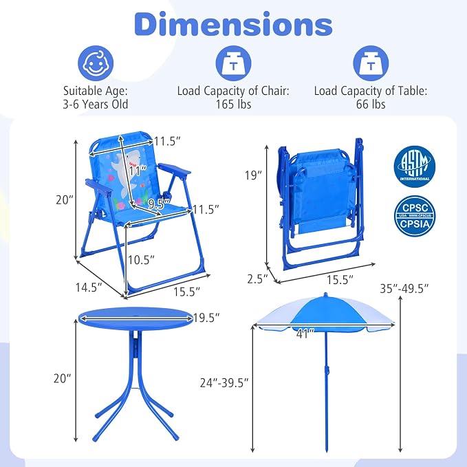 Costzon Kids Picnic Table, Kids Outdoor Table with 2 Folding Chairs, Height Adjustable Umbrella, Portable Children Outdoor Furniture for Patio, Garden, Backyard (Blue Ocean)