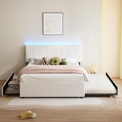 Queen Size Upholstered Platform Bed w/Trundle Bed & 2Storage Drawers | Twin Size Trundle,Two Drawers,LED Lighting Controlled by APP, USB+Type-C Charging Ports,Chenille Upholstered Bed Frame,Beige