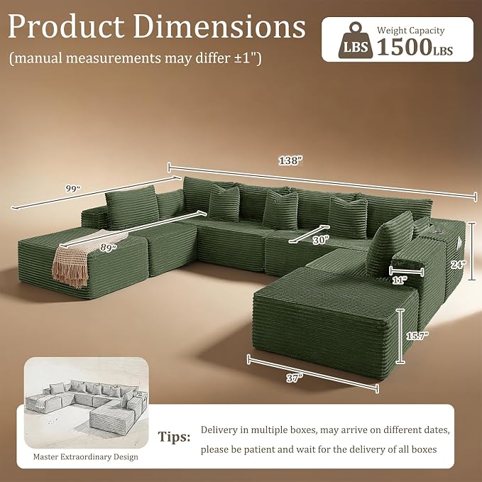 138" Cloud Sectional Couch, Comfort U Shaped Sofa for Living Room, Extra Deep Seats No Assembly, Minimalist Modular Couch, Corduroy (Olive Green, 8 Seats,U-Shape A)