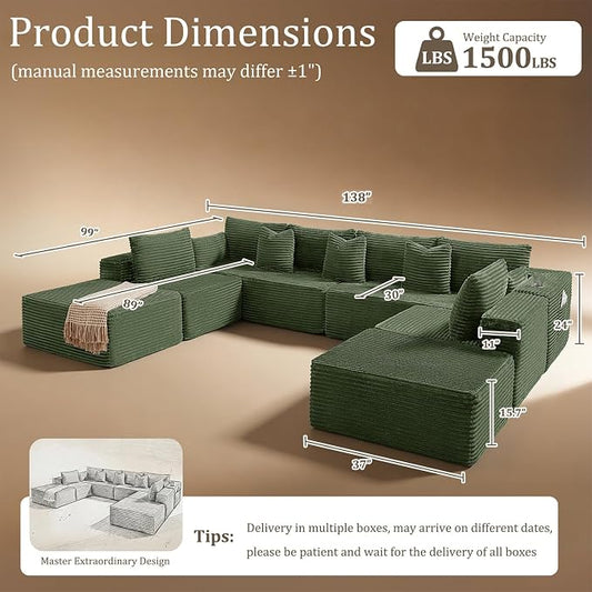 138" Cloud Sectional Couch, Comfort U Shaped Sofa for Living Room, Extra Deep Seats No Assembly, Minimalist Modular Couch, Corduroy (Olive Green, 8 Seats,U-Shape A)