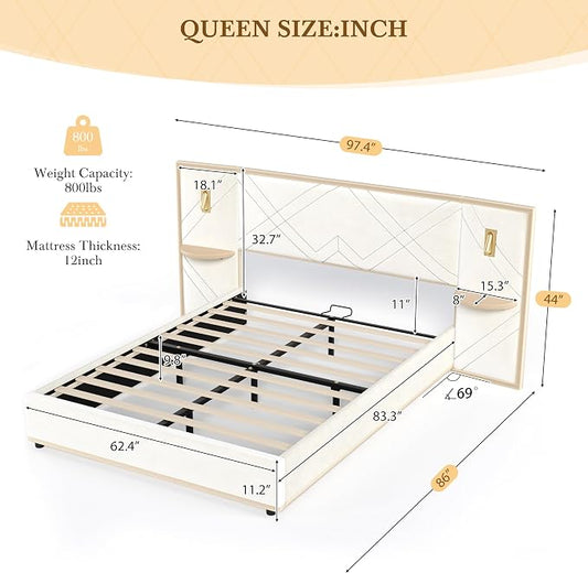 Merax Queen Bed Frame with Wingback Headboard, Luxury Velvet Upholstered Platform Bed Frame King Size with 2 Built-in Led Lights and 2 Floating Storage Shelves for Bedroom, No Box Spring Needed, Beige