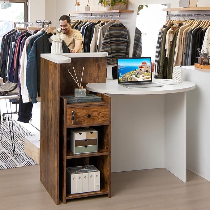 Reception Desk, Retail Checkout Counter w/Lockable Drawer & Open Shelves, Computer Workstation, Small Front Desk Reception Counter for Company Lobby Store Salon Office (White & Rustic Brown)