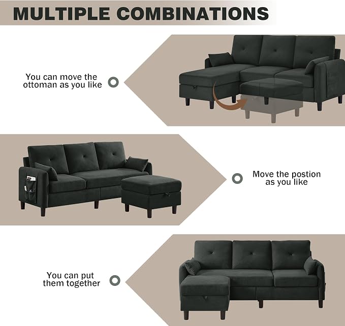 Convertible L-Shaped Sectional Sofa, 3-Seat Sofa Couches with Storage Ottoman & 2 Pillows and Side Storage Pockage, Small Modern Couch for Living Room, Apartment and Office, Black