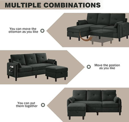 Convertible L-Shaped Sectional Sofa, 3-Seat Sofa Couches with Storage Ottoman & 2 Pillows and Side Storage Pockage, Small Modern Couch for Living Room, Apartment and Office, Black