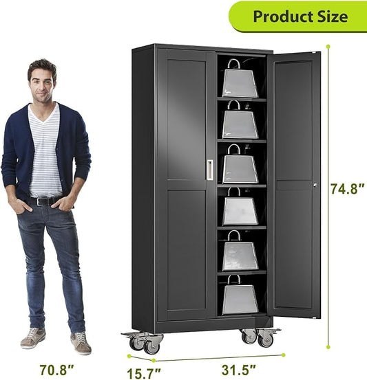 Metal Garage Storage Cabinet with Wheels, 74.8" H x 31.5" W x 15.7" D, Lockable Rolling Steel Tool Cabinet with Adjustable Shelves, Heavy Duty Garage Cabinet for Workshop, Basement, Home, Black