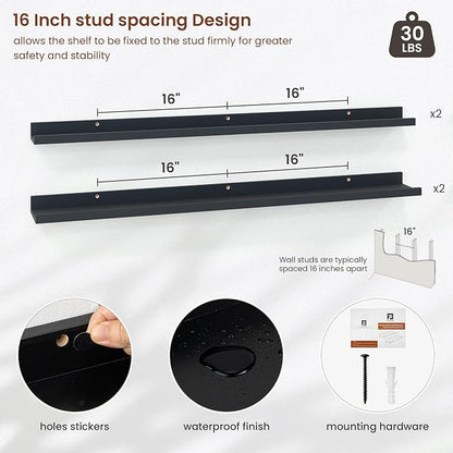 Axeman 48 Inch Black Picture Ledge Shelf Set of 4, 48 Inch Floating Shelves, Rustic Wood Wall Shelf with Lip, 48" Black Picture Shelves for Wall with Ledge
