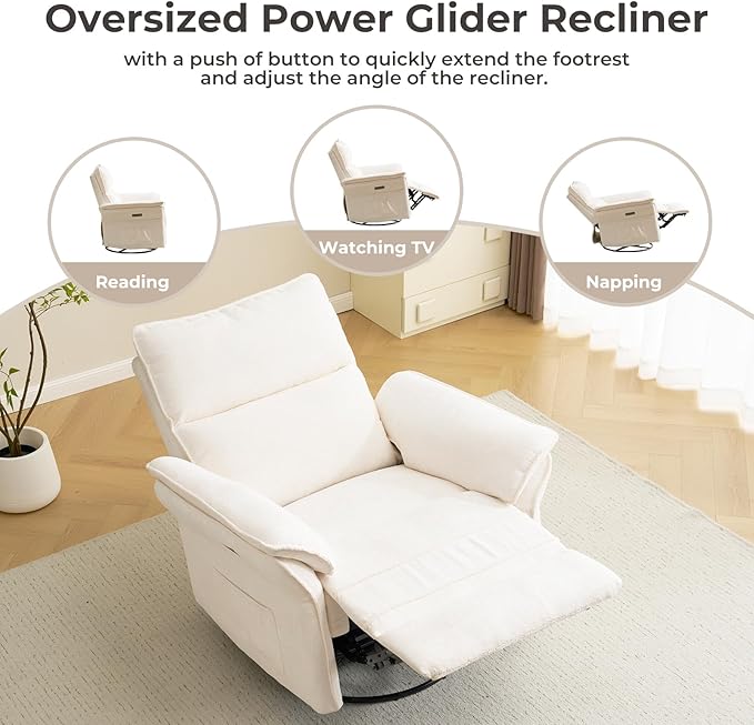 Oversized Power Recliner Chair Swivel Glider with Massage and Heat, Rocker Nursery Recliner for Adults with Adjustable Headrest, 26" Extra Wide Nursery Chair with Overstuffed Armrest,White