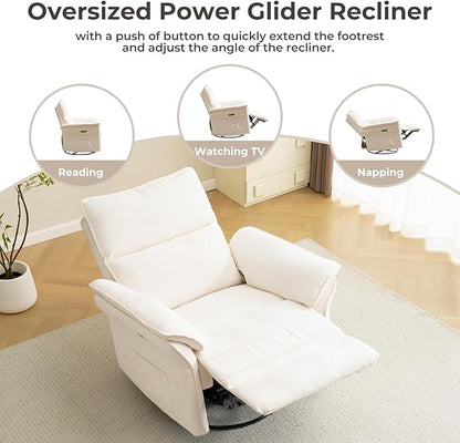 Oversized Power Recliner Chair Swivel Glider with Massage and Heat, Rocker Nursery Recliner for Adults with Adjustable Headrest, 26" Extra Wide Nursery Chair with Overstuffed Armrest,White