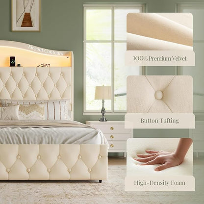 Queen Size Bed Frame and Headboard & 4 Storage Drawers, Upholstered Platform Bed Frame with RGB LED Lights & Charging Station, No Box Spring Needed, Easy Assembly, Noise-Free, Beige
