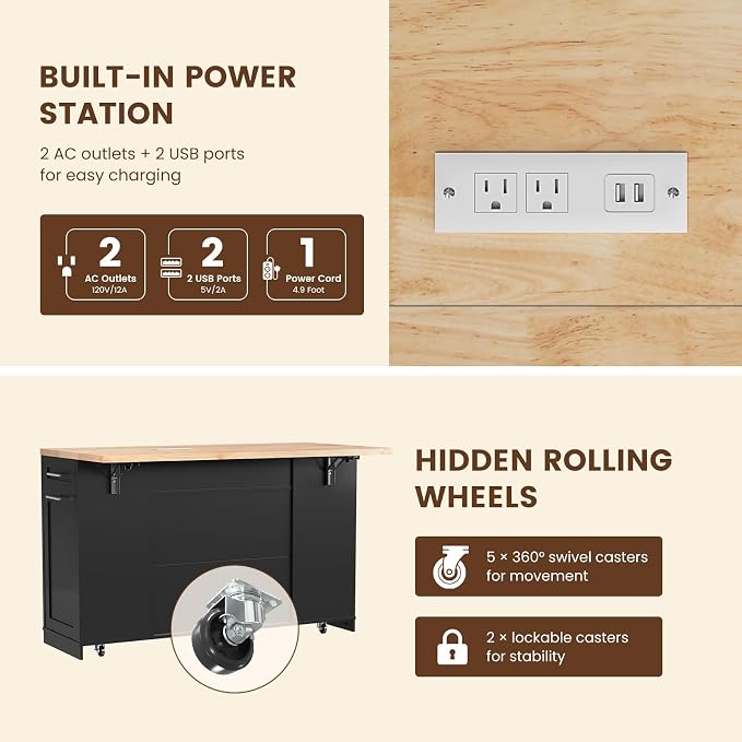 Dripex 53'' Rolling Kitchen Island with Power Outlet, Drop Leaf & Trash Can Storage, Large Island Cart on Wheels with Rubberwood Top, 4 Drawers, Open Shelves, for Kitchen, Dining Room (Black)