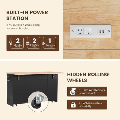Dripex 53'' Rolling Kitchen Island with Power Outlet, Drop Leaf & Trash Can Storage, Large Island Cart on Wheels with Rubberwood Top, 4 Drawers, Open Shelves, for Kitchen, Dining Room (Black)
