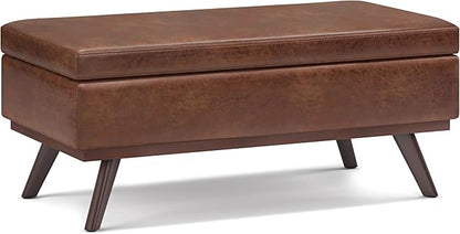 SIMPLIHOME Owen Lift Top Coffee Table Storage Ottoman - 42 inch Wide Upholstered Vegan Leather Rectangular Lift-Top Ottoman in Distressed Saddle Brown, Mid-Century Modern Ottoman for Living Room